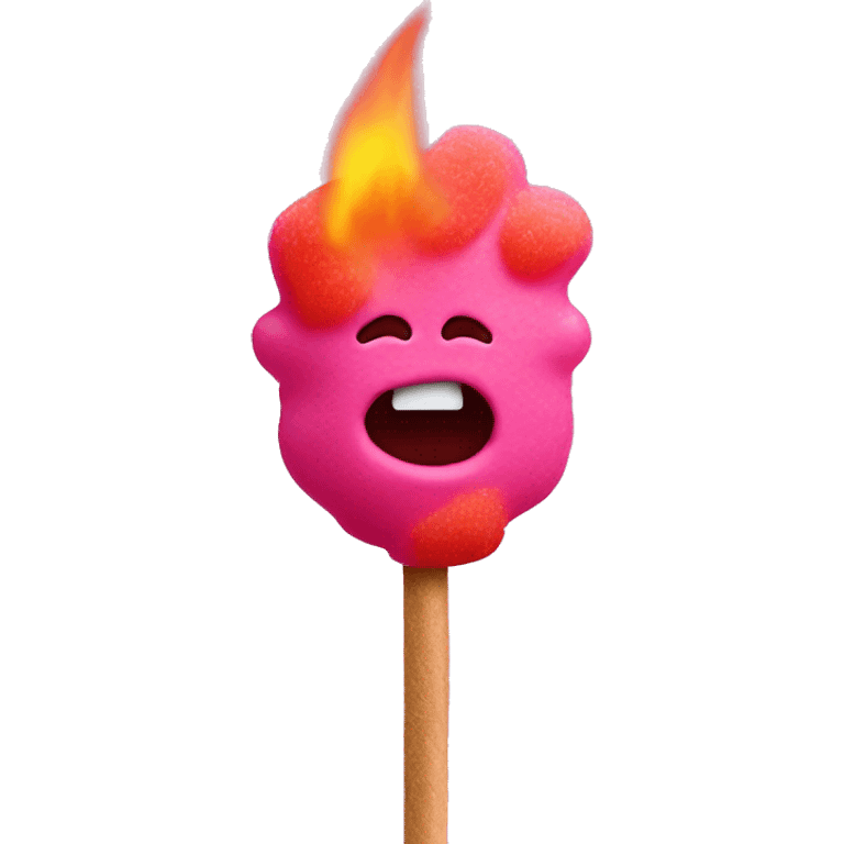 Pink sour patch kid with a brown stick on fire in his mouth emoji