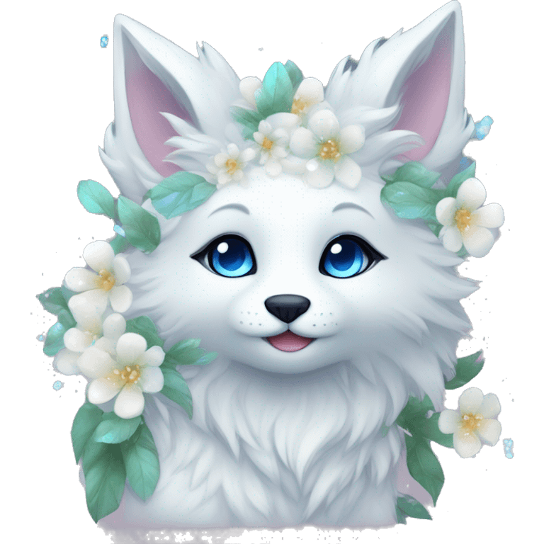 Anthro Cute Cool Kawaii gorgeous sparkly ethereal white fantasy animal creature with blue eyes furry sona with flowers beautiful aesthetic emoji