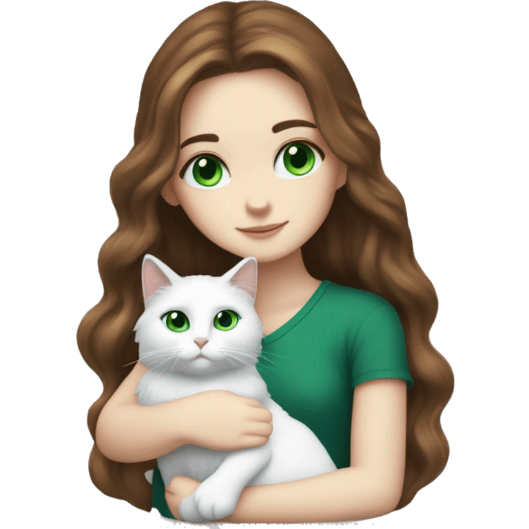 White girl with long brown hair blue eyes snuggling fluffy white cat with green eyes emoji