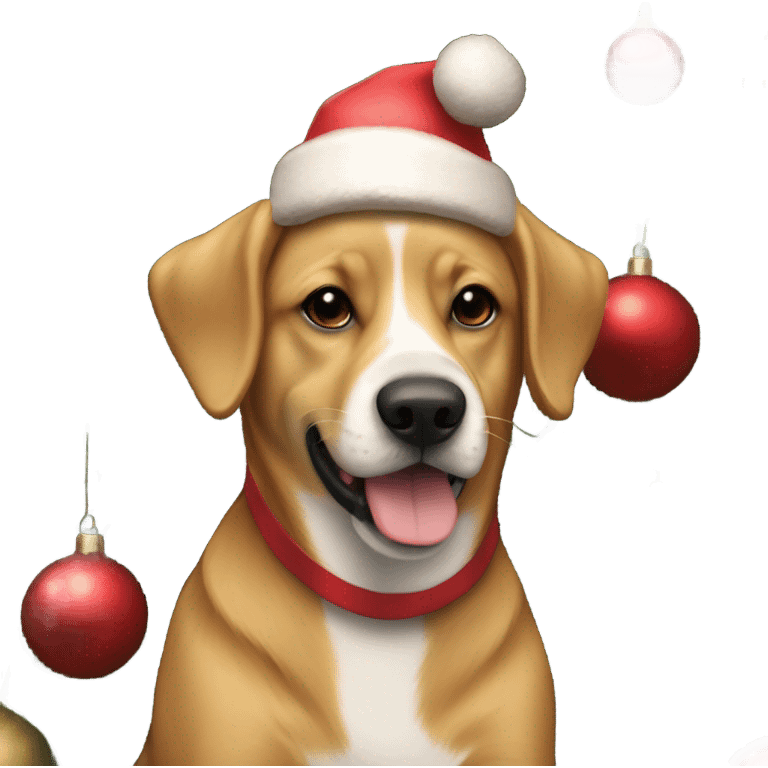 A light brown dog in a ssnta hat sitting next to a Christmas tree decorated with red and white ornaments emoji