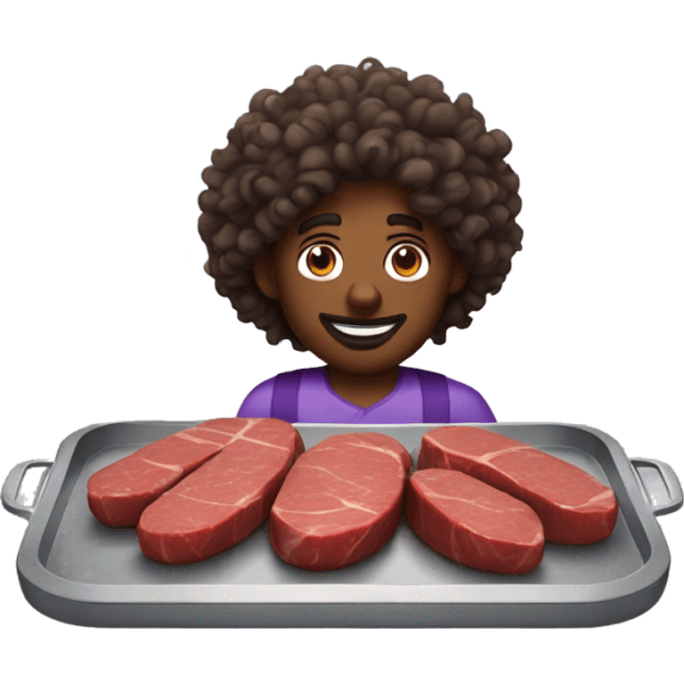 Curly hair brown skin man with meat and eggplant on a tray emoji