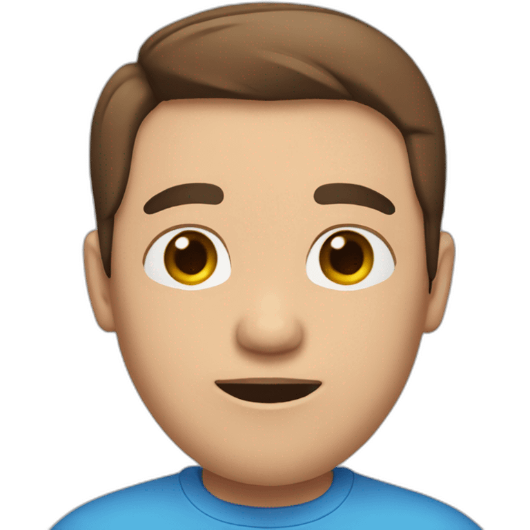 a human with brown hair, a blue shirt with two pink stripes on it black pants and eyes-closed and mouth straight emoji