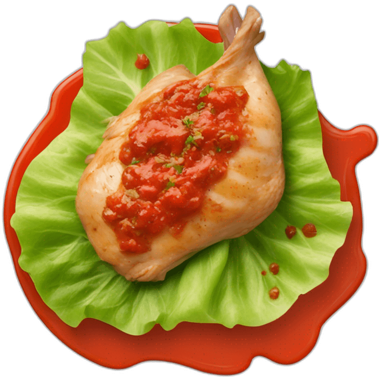 chicken steak on a lettuce leaf, covered with tomato and pepper sauce emoji