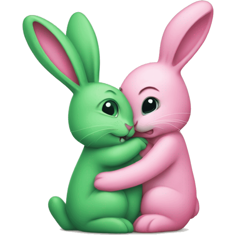 Green bunny hugging pink bunny emoji