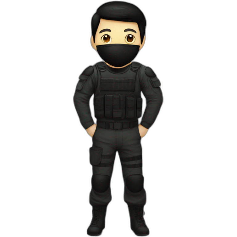 Poker face man, black hair and black mouth mask and black military pants emoji