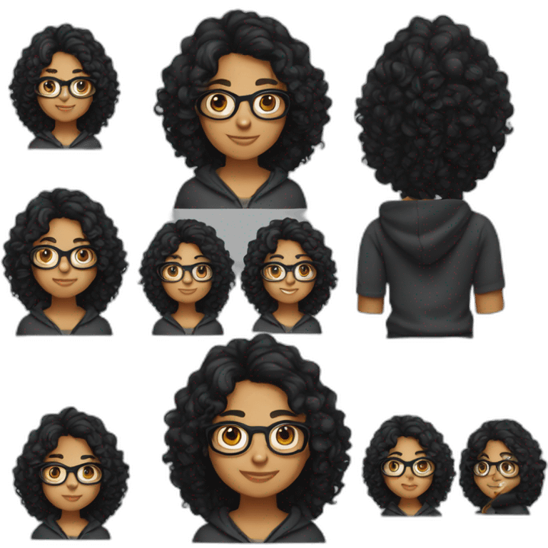 smiling teenage indian girl with glasses with black curly hair wearing a black hoodie with no zipper emoji