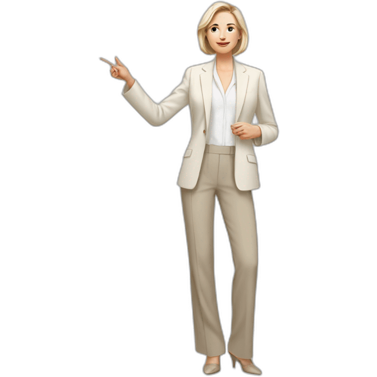 Full height Actively gesturing with hands pale skin woman with ash blonde Straightened bob Hair, White Spacious classical jacket, beige palazzo Arrow pants and gray blouse emoji