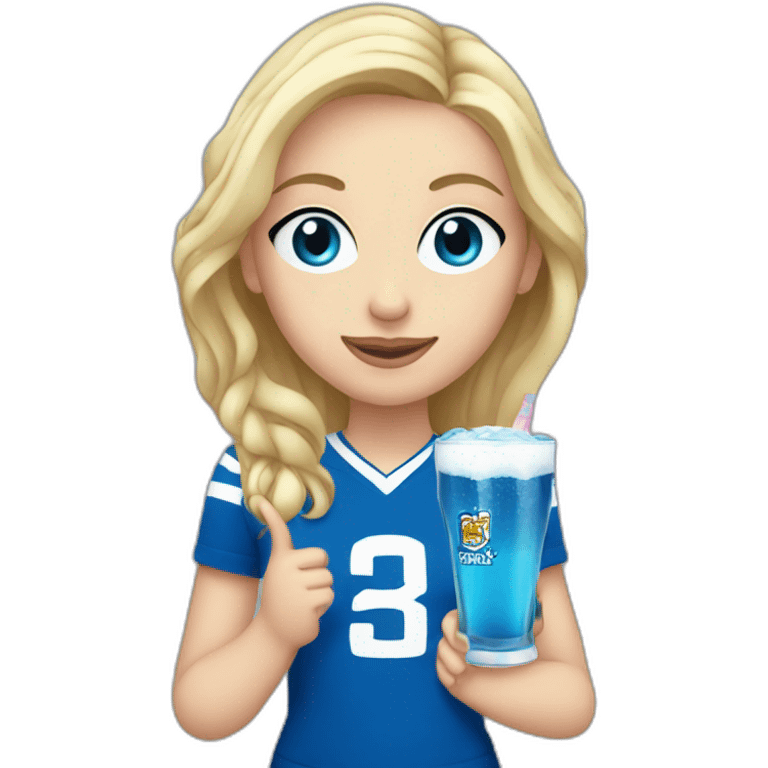 Blonde girl with blue eyes holding a blue wkd drink and wearing a Scotland football tshirt emoji