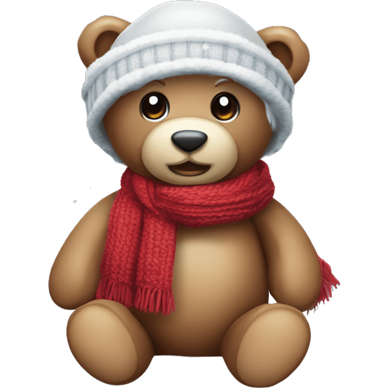 Gute Nacht teddy mit roter Mütze und Schal und Mond im Schnee  emoji