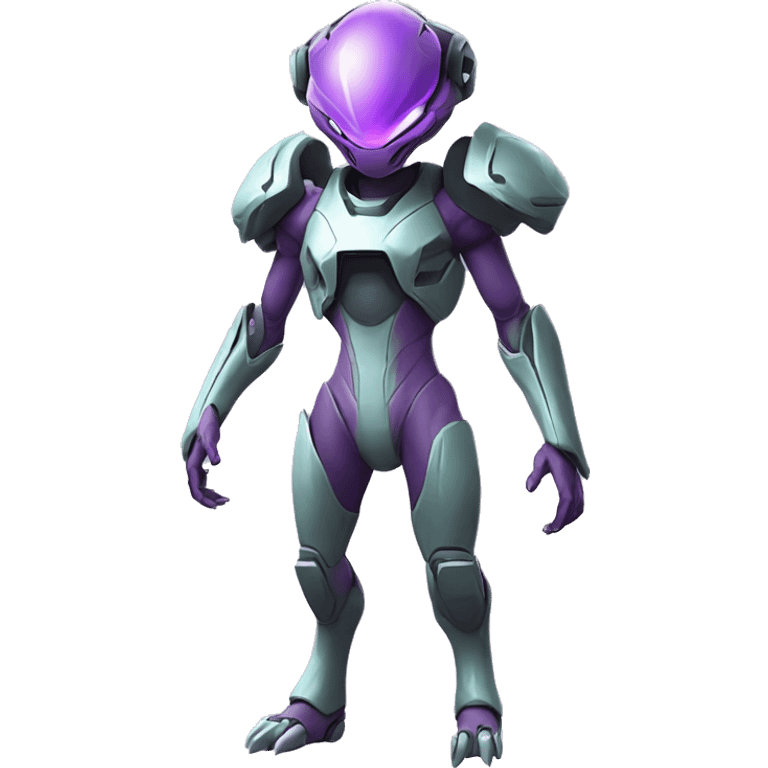 A Reptile-Raptor-Genesect-Mewtwo-Fakémon, with a futuristic visor-helmet, wearing a techwear-suit, Full Body emoji