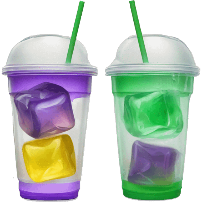 Realistic see through plastic cup and lid with half full Transluscent yellow, green ,purple soda,straw and large ice cubes inside. emoji