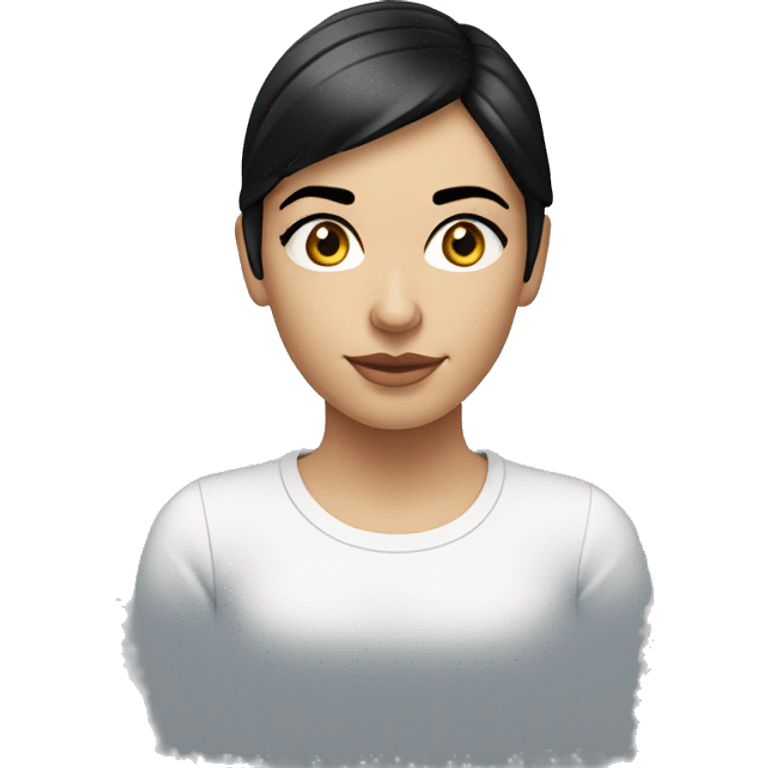 A head and shoulders shot of a 20 year old caucasian woman with short black hair wearing a tshirt. emoji