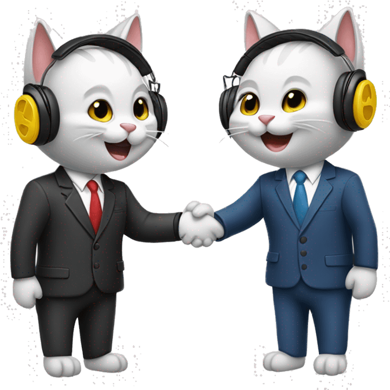 Two different color, happy cats, shaking hands in suits with headphones on.   emoji