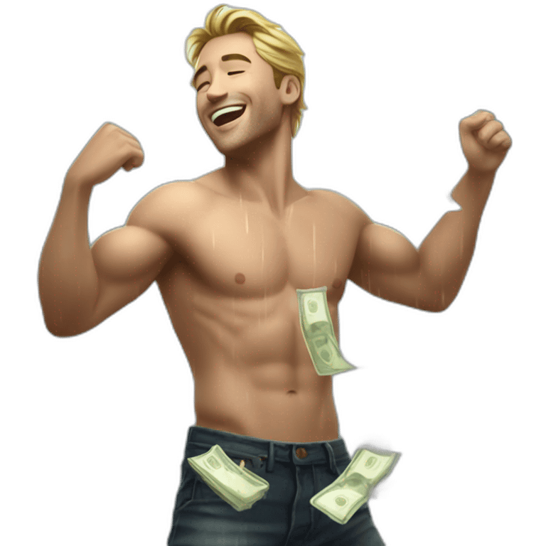 Shirtless guy dancing under raining money  emoji