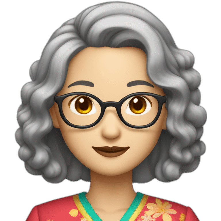 Chinese lady with like Lai gray hair wavy hair to the shoulder length where Chinese dress colourful dress wear glasses emoji