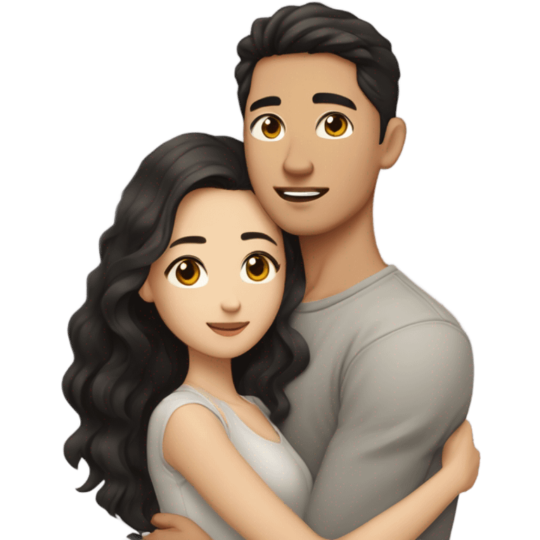 A half pale Asian man with short dark hair and amber eyes embracing and loving a half Asian woman with long wavy dark hair and dark hazel eyes. They love each other a lot And have good fashion taste and are hugging each other tight  emoji