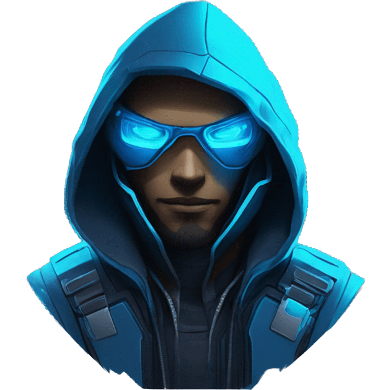 developer behind his laptop with this style : crysis Cyberpunk Valorant neon glowing bright blue character blue black hooded assassin themed character emoji