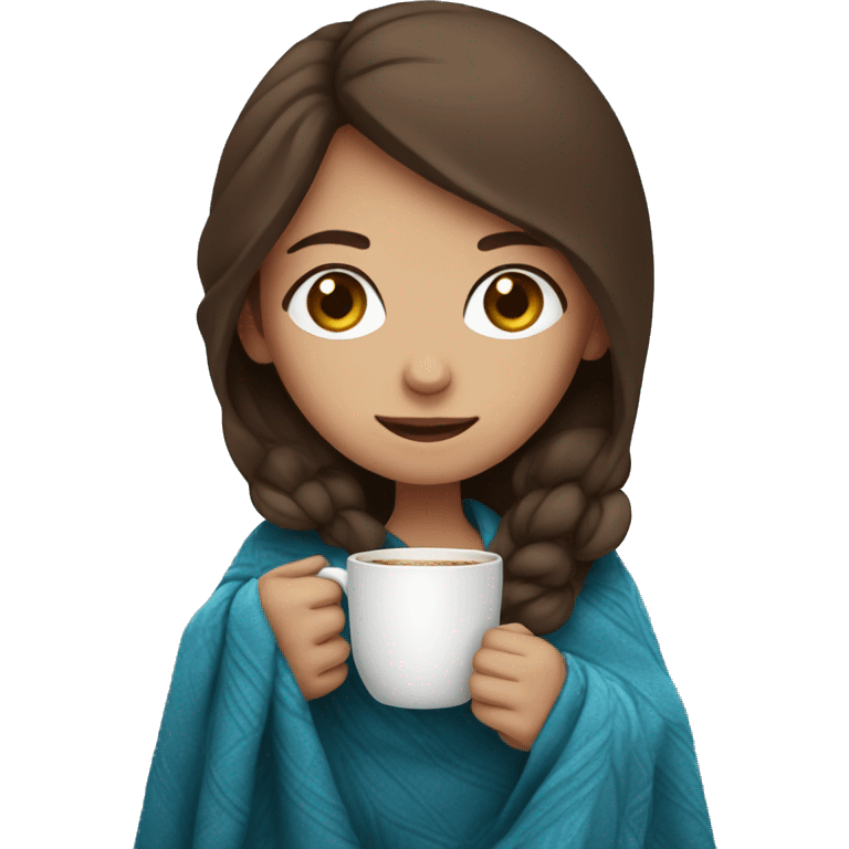 Brown hair Girl drinking coffee, with a blue cozy blanket emoji