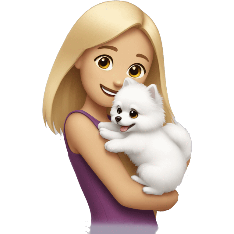 girl hug white Pomeranian emoji