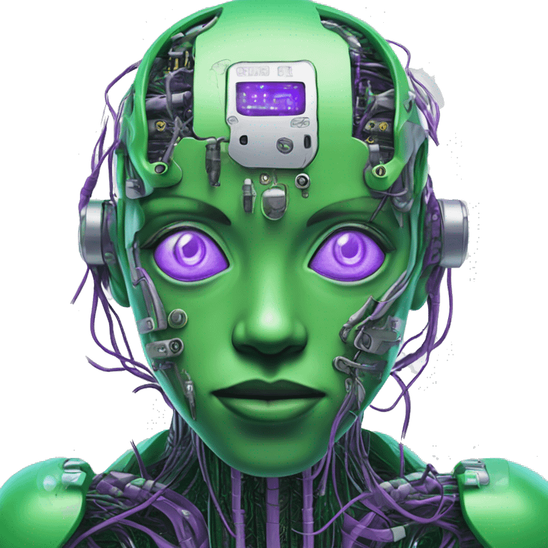 Green cyborg with violet eyes wires and circuits  emoji