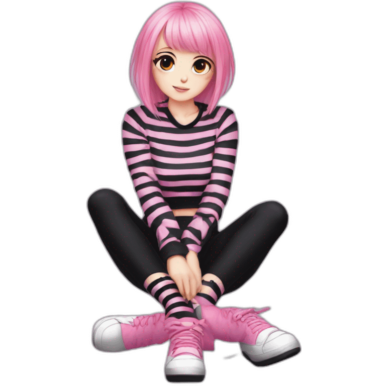 full body Front view emo girl sits on the floor black skirt pink knickers long striped socks emoji