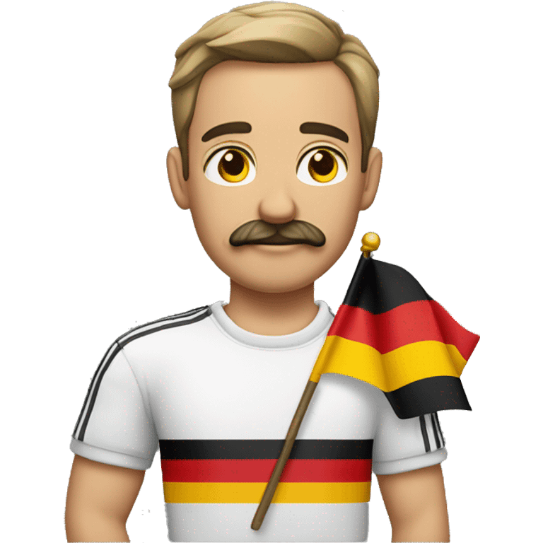 Guy standing at 45 degree angle with German flag on his shirt with his arm straight 45 degrees up and he has a mustache emoji