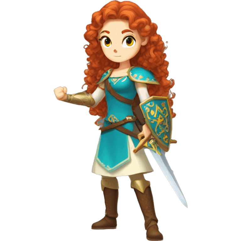 a white girl with long red curly hair and freckles, cosplaying Princess Zelda posing and ready for a fight emoji