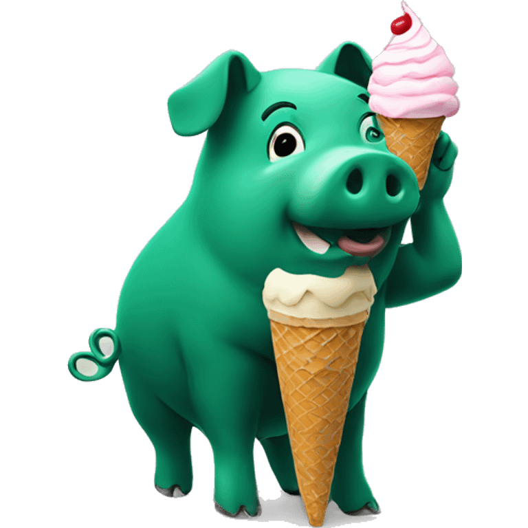 Dark green pig doing handstand with ice cream cone emoji