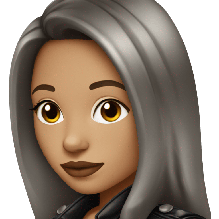 Light skin Glamour brunette in leather jacket long dark hair and silver hoop earrings emoji