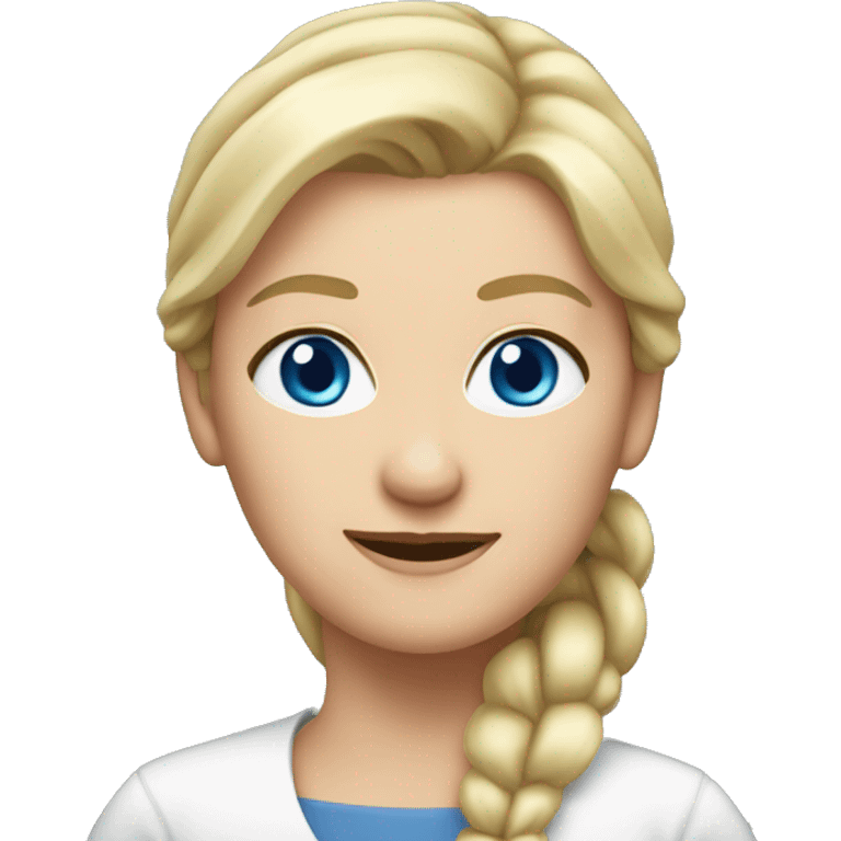 girl, 60 years old, blue eyes, blond hair ponytail, business emoji