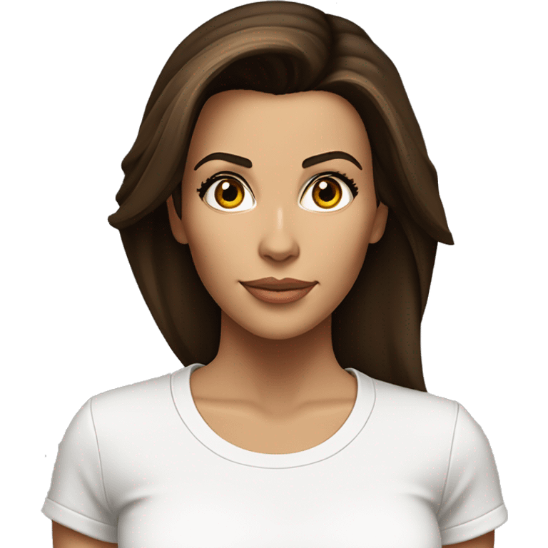 3/4 face, contrasted, shadow, light, Eva Longoria expression, standing, thin nose, brunette woman, hazel eyes, long eyelashes, dark shoulder shaded hair, white t-shirt, jeans, white sneakers emoji