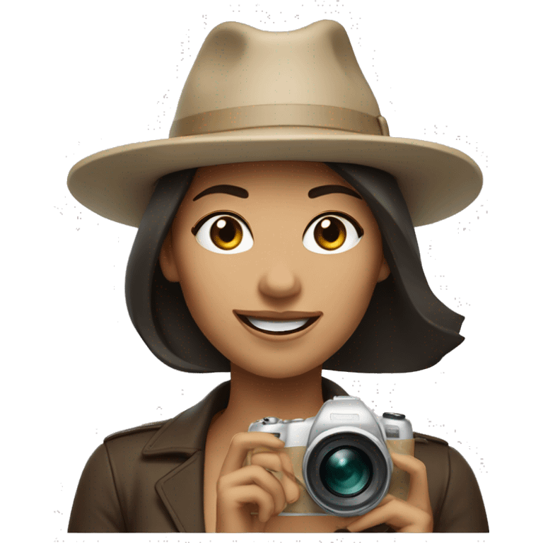 A woman with dark brown hair and a beige hat, winking and holding camera emoji