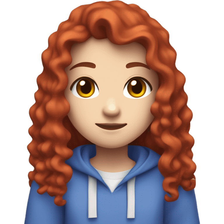 a white girl with long red curly hair, wearing periwinkle Minecraft hoodie playing a videogame emoji