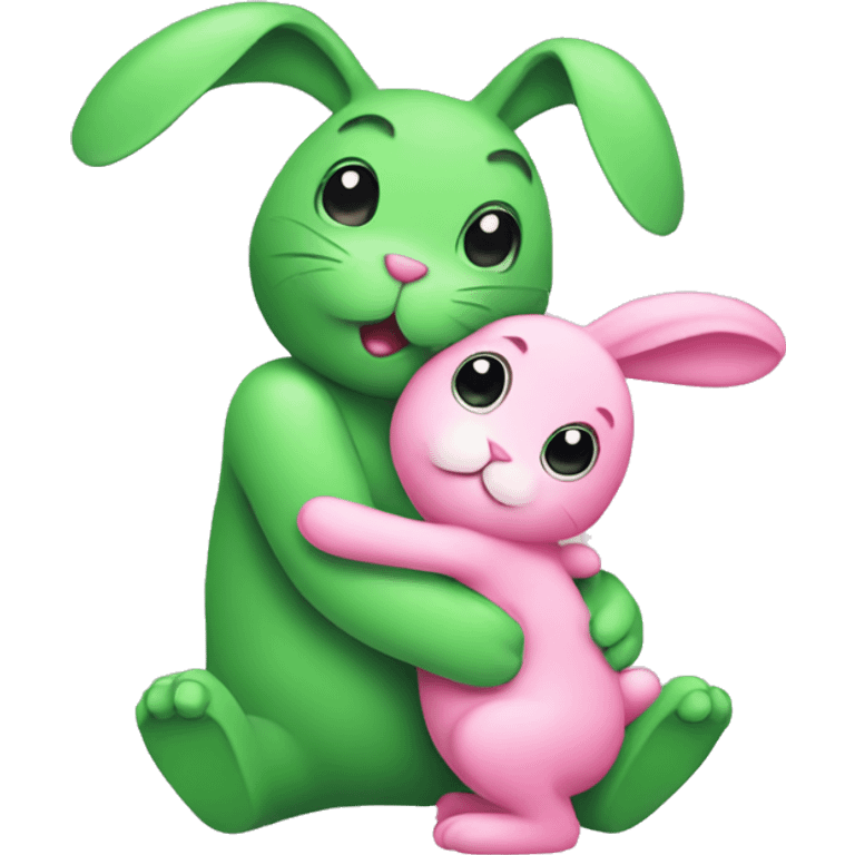 Green bunny hugging pink bunny emoji