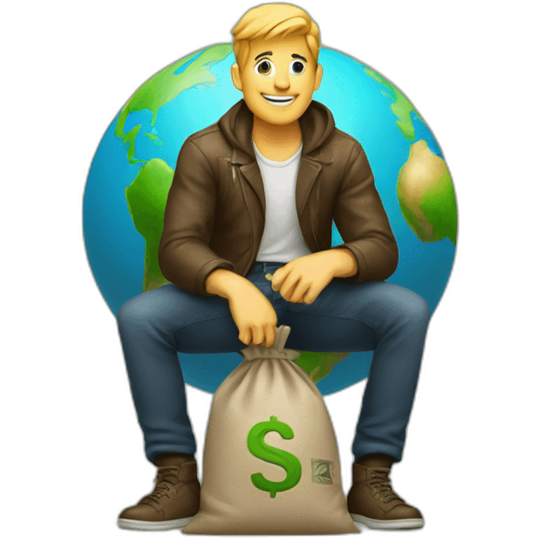 man sitting on globe with money bag emoji