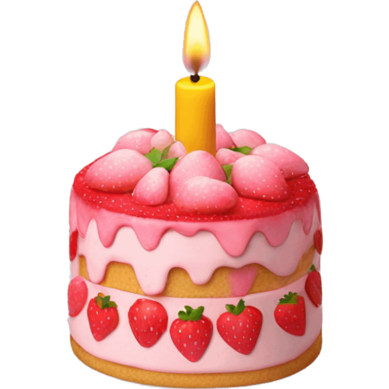 Pink strawberries and cream birthday cake with a candle emoji