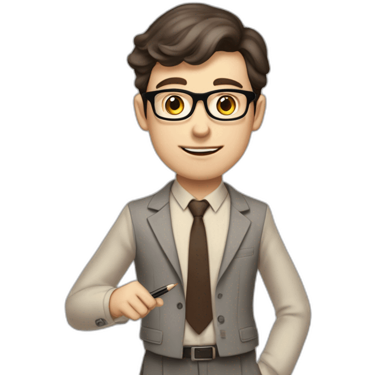 Pale skinned fit man with dark brown hair in gray jacket, beige office shirt, brown tie, brown pants and vintage glasses Writing on the flipchart emoji