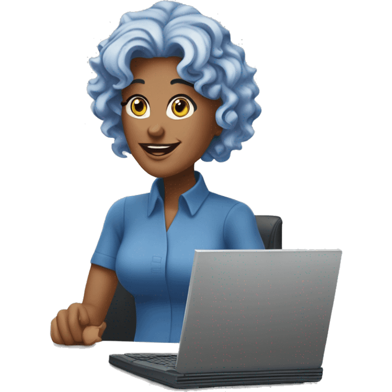  a charismatic 47-year-old woman with blue wavy hair engrossed in her work on a computer. Her friendly and approachable eyes meet the viewer's gaze. Two icons representing Microsoft Excel and Word are subtly incorporated within the scene.  emoji