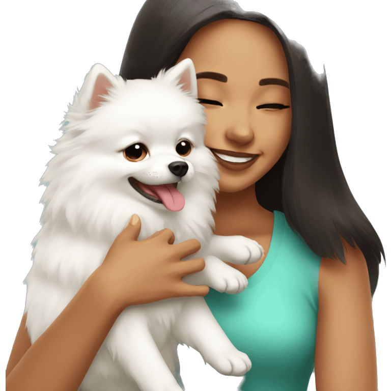 girl hug white Pomeranian emoji