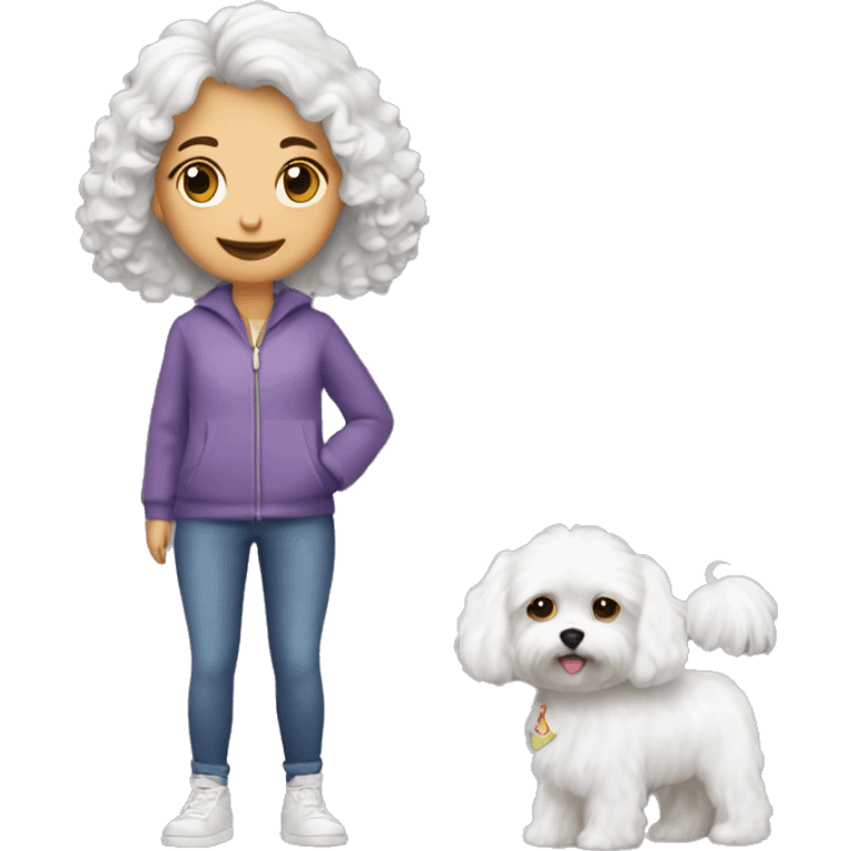 Maltese dog with owner of curly hair girl mid length and fair skin  emoji