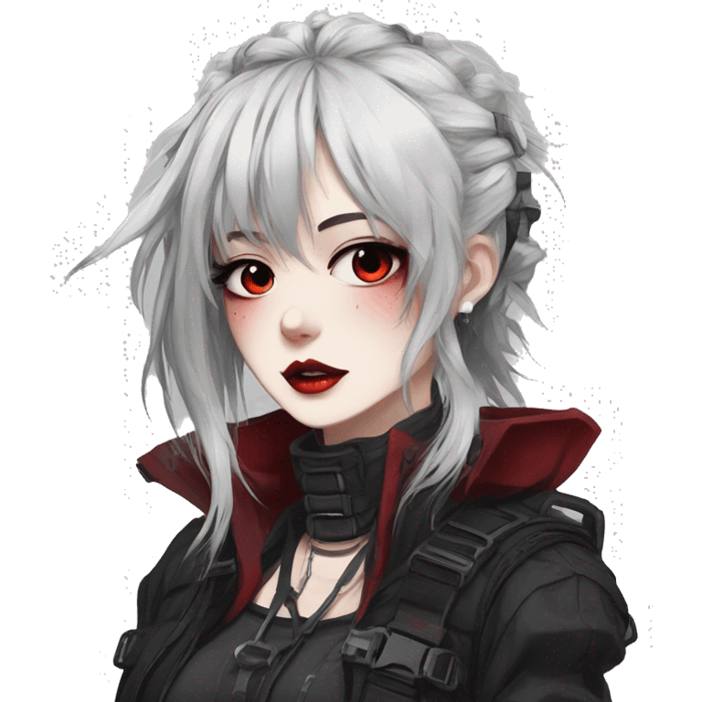 Gorgeous gothic dark techwear anime style lady with blushing face aesthetic and pretty edgy black red punk messy hair with collar and harness trending style emoji