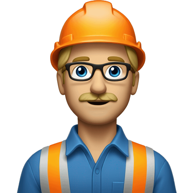 dirty blonde man, thin face, no beard but with mustache, blue/green eyes, glasses, wearing white hard hat that says ”gmc” in orange letters, orange safety vest, blue shirt emoji