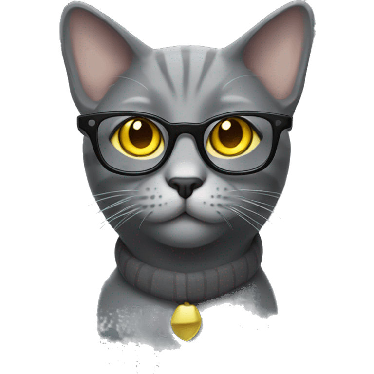 grey cat with yellow eyes and glasses emoji