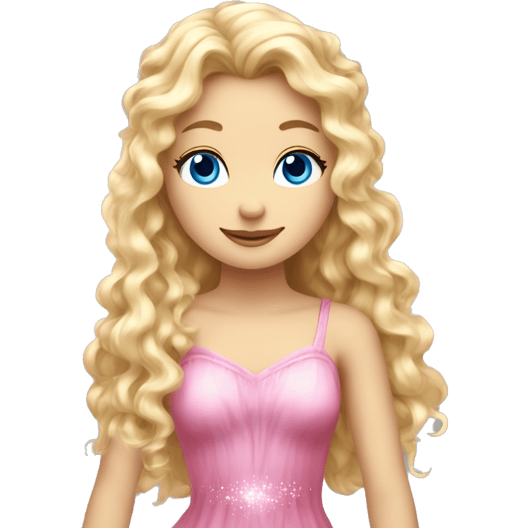 Create a blonde haired fairy with blue eyes and a pink dress with sparkly wings. The fairy has long, curly hair with a lot of volume emoji