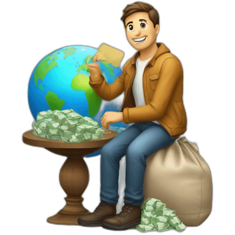 man sitting on globe with money bag emoji