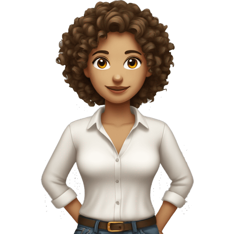 Curly haired tan girl brunette with brown eyes and a low cut white shirt emoji