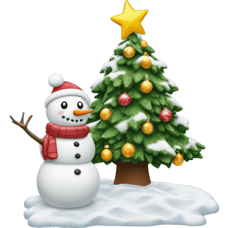 decorated christmas tree with snow and a snowman standing next to it emoji