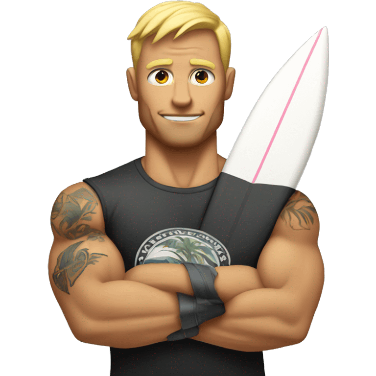 a muscular bicep with a tattoo of a surfboard emoji