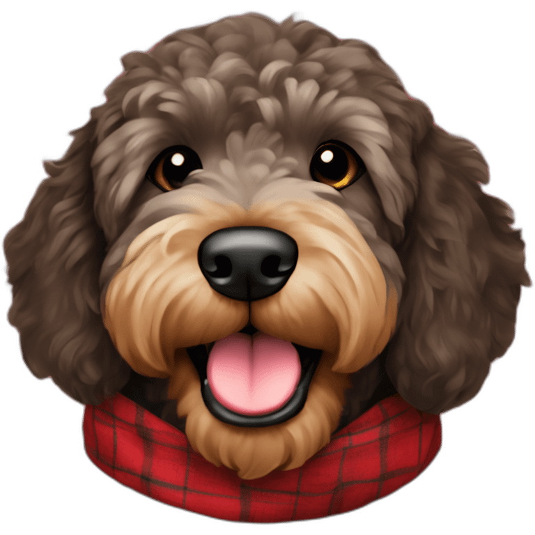 Black Chocolate brown colored golden doodle with a red and black flannel hankerchief emoji