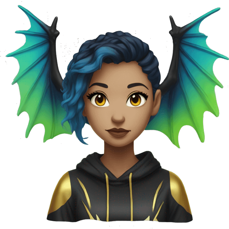 Lady with brunette and iridescent blue hair, gold, lime green dragon wings, black hoodie, bleach dyed, black and gold Nike t shirt, and bright red eyes emoji